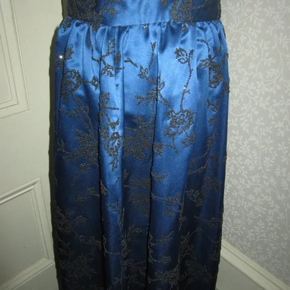 Chetta B Evening full length royal blue satin skirt w black beaded roses, sz 12